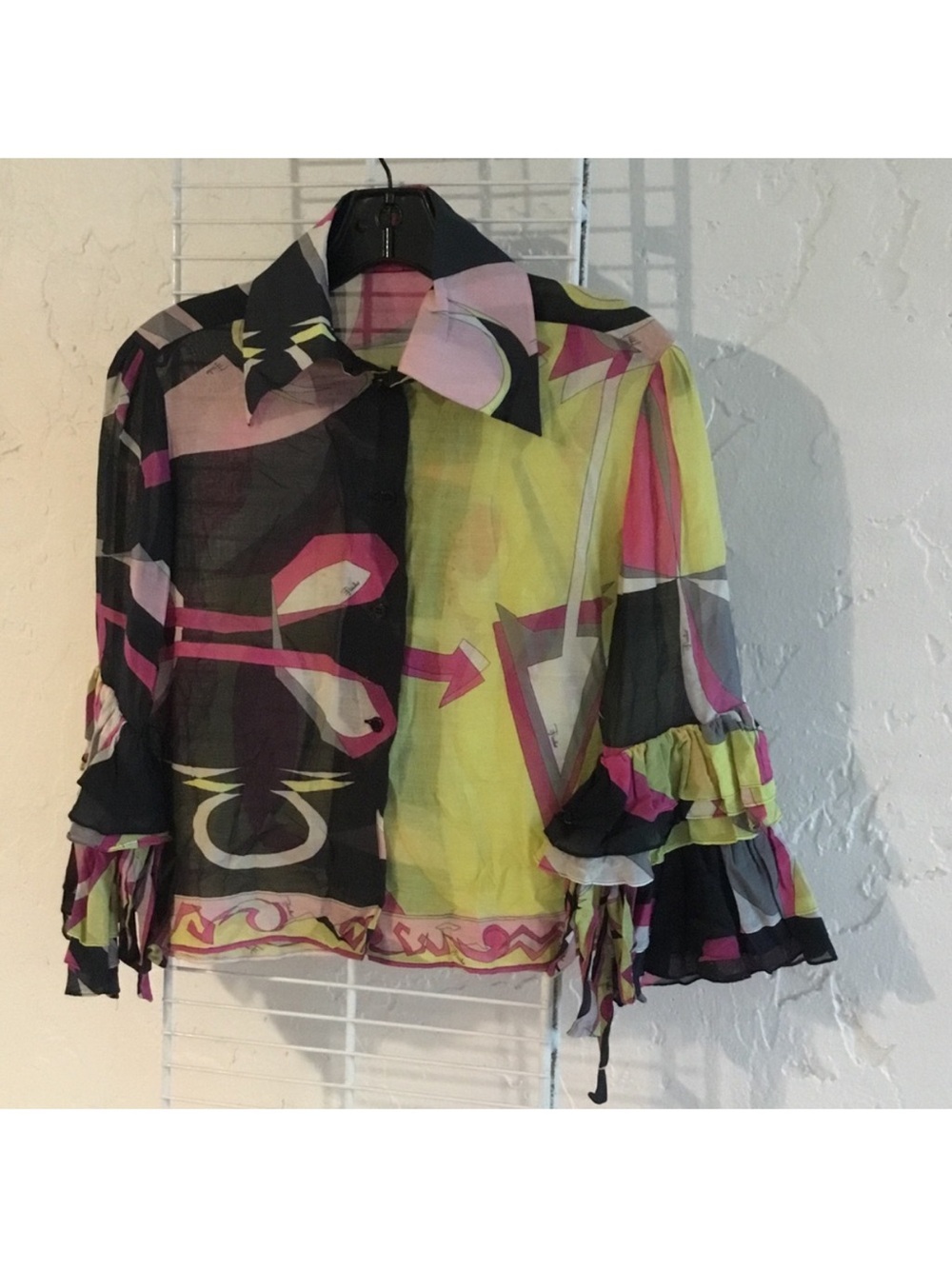 Emilio Pucci Sheer Abstract Printed Ruffle-Sleeve Blouse in Pink, Yellow & Black